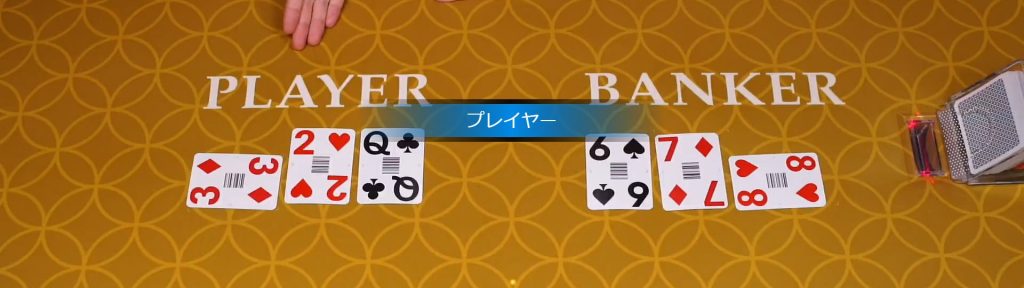 バンカー2枚のカードの合計数が3の場合：プレイヤーが3枚目を引いてそのカードが8以外の場合、バンカーも3枚目を引：
